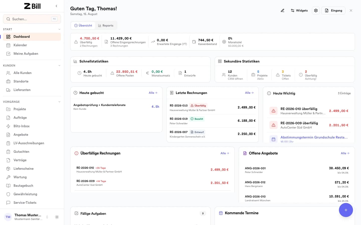 ZBill-Dashboard mit fertigen Rechnungen, offenen Posten, erfassten Stunden und aktiven Einsätzen auf einen Blick